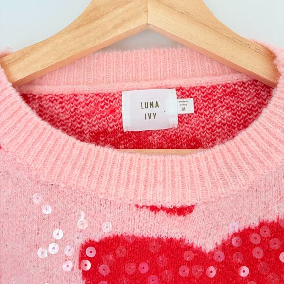 Luna Ivy Sequin Heart Sweater Pink Red Medium Boxy Preppy Y2K Glam Playful - Picture 2 of 10